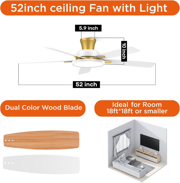 52 Inch Ceiling Fans with Lights and Remote,Ultra Silent Low Profile Ceiling Fan with Three Color Temperature and Dimmable Light with Reversible Blades White Gold