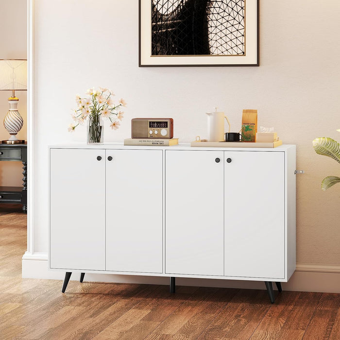 Sideboard Buffet Cabinet, 50’’ Accent Kitchen Storage Cabinet with 4-Door & 5-Position Adjustable Shelves, Modern White Sideboard with 5 Support Legs, Buffet Table for Coffee Bar, Living Room