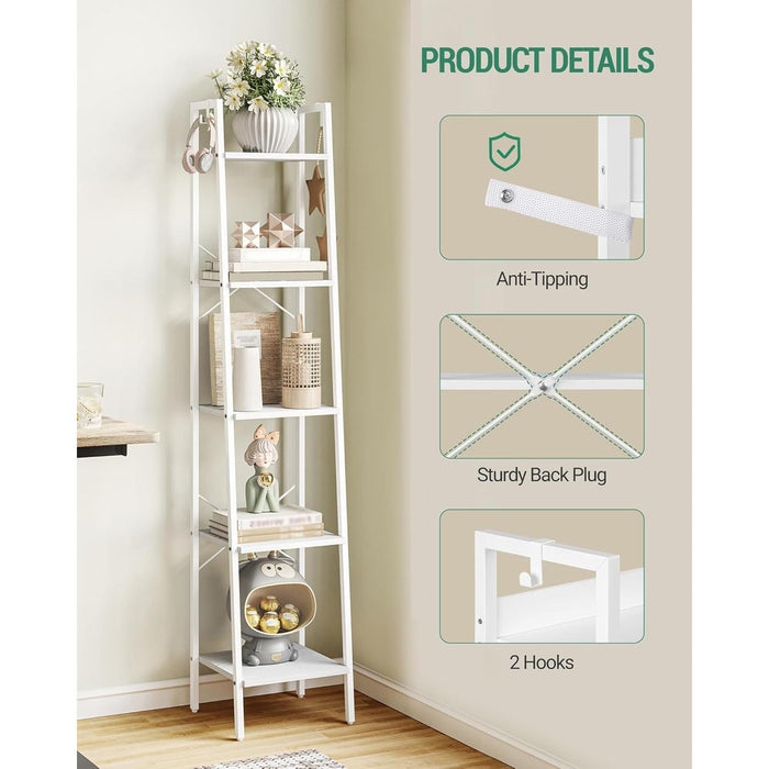 Ladder Shelf, Bookshelf Bookcase, Freestanding Corner Storage Shelve with 2 Hooks for Home Office, Living Room, Kitchen, Bedroom, Industrial, 5-Tier White BC03213W