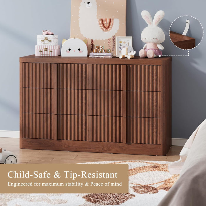 Walnut Dresser for Bedroom, 47" Wide 6 Drawer Dresser, Modern Chest of Drawers with Solid Wood Handle, Curved Profile Design, Wood Dresser Storage Organizer, Living Room, Hallway