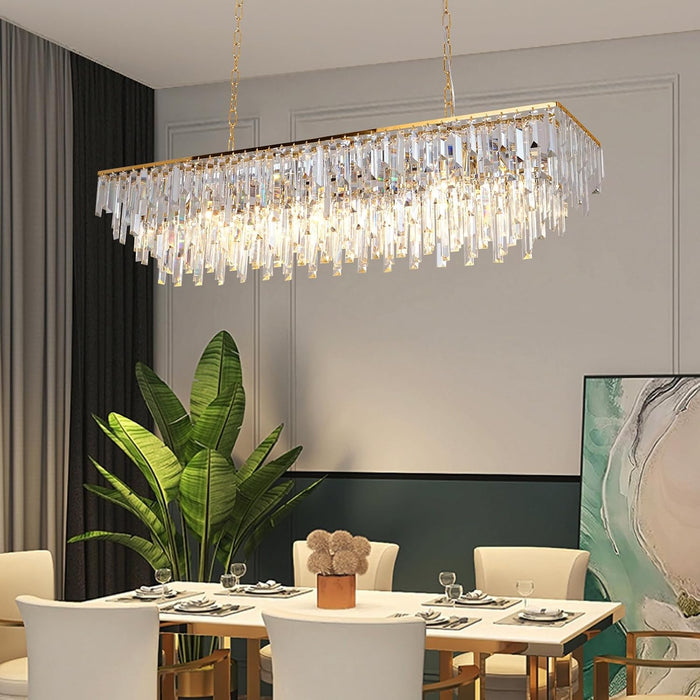47" Modern Rectangle Crystal Chandelier, Gold Linear Pendant Light with Clear Crystal Prisms, Luxury Island Lighting Fixture for Dining Room Kitchen Table Living Room