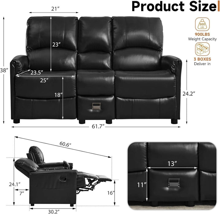 Manual Reclining Loveseat Sofa with Reversible Console, Double Recliner Couch with Cup Holders & Charging Ports, PU Leather 2-Seater Recliner Sofa for Living Room, RV, Small Spaces, Black