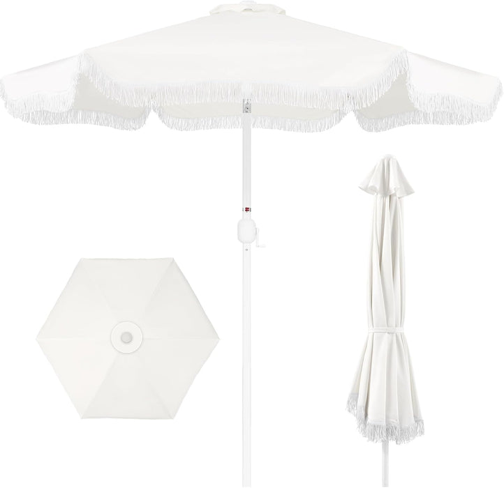 9Ft Fringe Market Patio Umbrella – Outdoor Boho Tassel Sunshade for Table, Pool, Deck, Backyard – UPF50+, Easy Tilt, Heavy Duty Steel Pole & Ribs - White