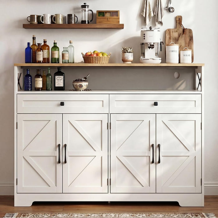 Sideboard Buffet Cabinet with Storage, 47" Kitchen Buffet Cabinet with Charging Station, Farmhouse Coffee Bar Station with Drawers and Doors, Credenza for Kitchen Living Room Entryway, White
