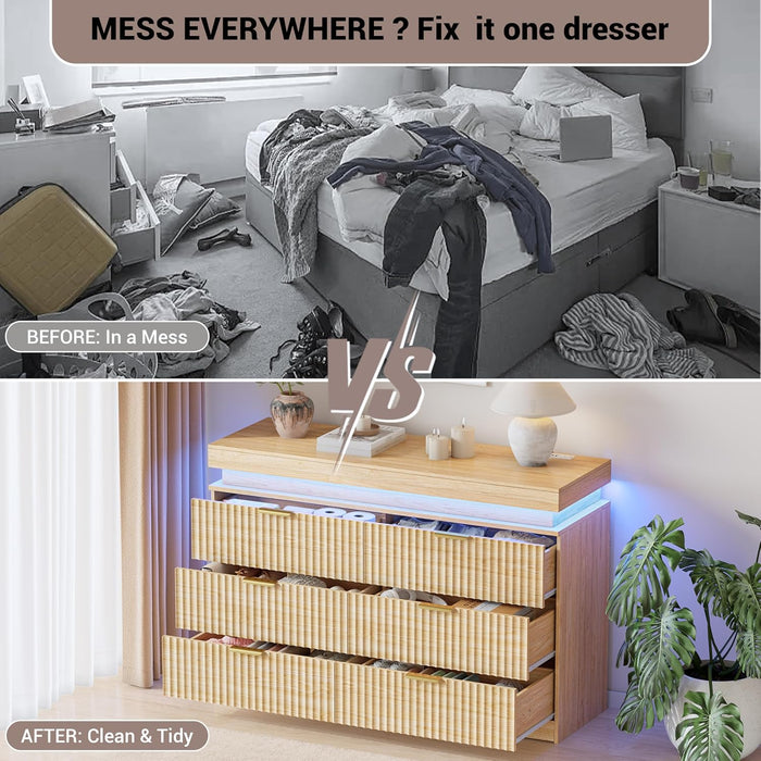 Dresser for Bedroom 6 Drawers with RGB LED Lights and Charging Station, 47.2" Wide Fluted Wooden Chest of Drawers, TV Stand Closet Clothes Storage Organizer for Living Room, Hallway, Oak