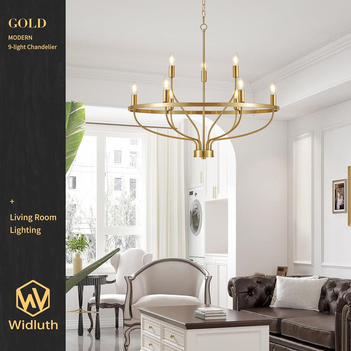 30Inch Crystal GoldTone Chandelier Nine Light Fixture