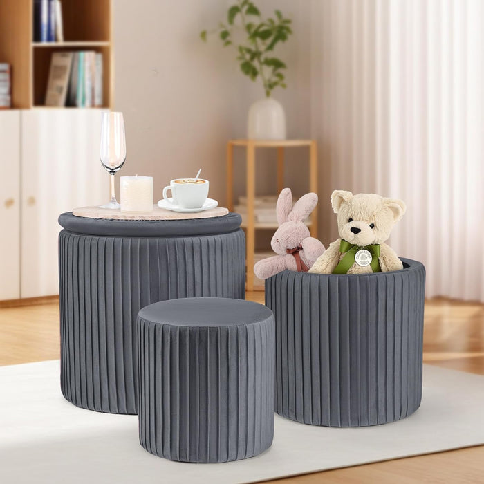 Ottoman Coffee Table,Round Ottoman with Storage Set of 3,Vanity Stool with Storage for Bedroom, Small Velvet Foot Stool for Living Room