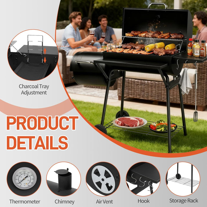 Charcoal Grill with Offset Smoker, Barrel Barbecue Smoker Grill with Spacious Cooking Area for BBQ, Backyard Patio Picnic Parties Camping, Black