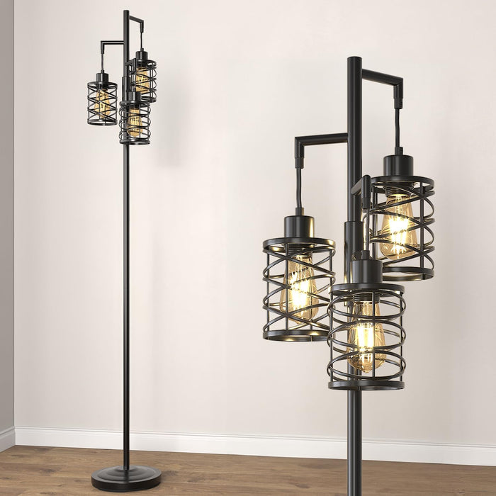 70" Industrial Floor Lamp, Stepless Dimmable Standing Lamp with 3 Bulbs, Farmhouse Corner Standing Tree Lamp for Living Room, Tall Lamps for Bedroom, Office, Study Room, Dining Room, Black