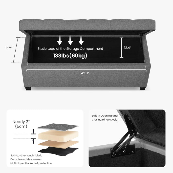 47.2" Ottoman with Storage, Storage Ottoman Bench with Safety Hinge,Tufted End of Bed Bench, Upholstered Entryway Bench for Bedroom, Living Room & Window (Lightgrey-Upgraded Version)