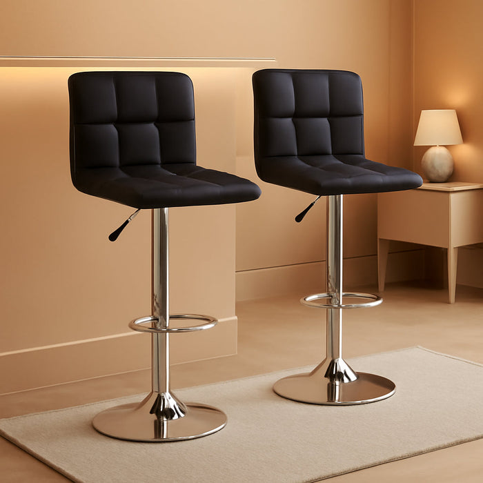 Bar Stools Set of 2, Adjustable Swivel Bar Stools, Counter Height Bar Stools with Back PU Leather Armless Hydraulic Kitchen Counter Bar Stool (Black)
