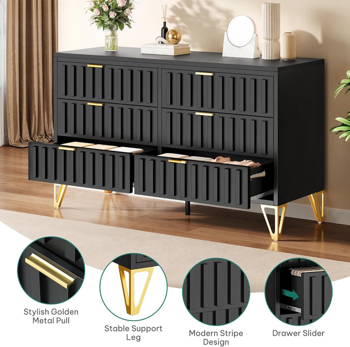 Fluted Dressers, 6 Drawer Dressers & Chests of Drawers, Metal Modern Dresser for Room, Entryway, Hallway, Black