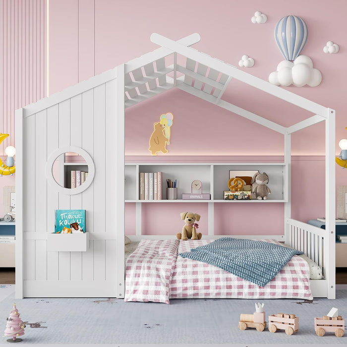Full Size White Wooden House Bed Frame With Storage