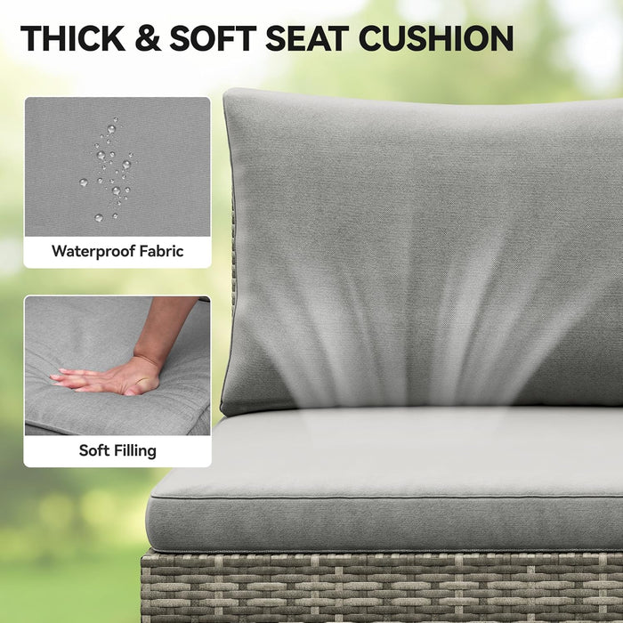 L-Shaped Outdoor Sectional Sofa Set with Adjustable Lift-Top Dining Table, All-Weather Wicker Patio Furniture, Ottoman & Tempered Glass Top, Gray Gradient