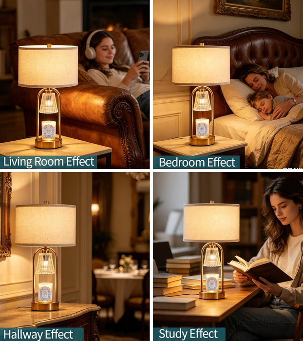 Table Lamp Candle Warmer Lamp with Timer & Dimmer,Antique Brass Gold Wax Melt Warmer,Modern Farmhouse Bedside Lamp for Bedroom Living Room Home Decor Mother’S Day Gifts for Women Bulbs Included