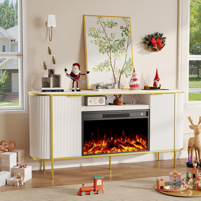 Fluted Fireplace Tv Stand: White Entertainment Center with Fireplace, Modern Fire Places Electric Fireplaces Tv Stand for Living Room, Media Console with Storage(White, 70" TV Stand with Fireplace)