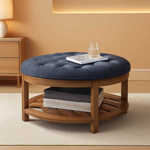 Large round Upholstered Tufted Linen Ottoman Coffee Table, Large Footrest Ottoman with Wood Shelf Storage-Charcoal