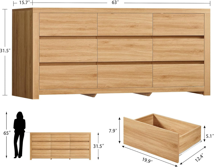 63" Dresser for Bedroom with 9 Drawers, Modern Dressers & Chests of Drawers with Metal Handles, Wooden Dresser TV Stand, Bedroom Dressers, for Bedroom, Hallway, Natural
