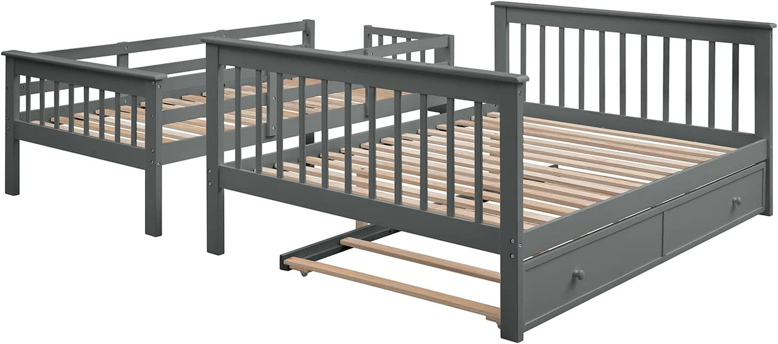 Twin over Full Bunk Bed, Wooden Bunk Bed Frame Twin over Full with Trundle and Storage Shelves, Twin over Full Size Bunk Beds with Staircases for Kids Teens Adults, Grey