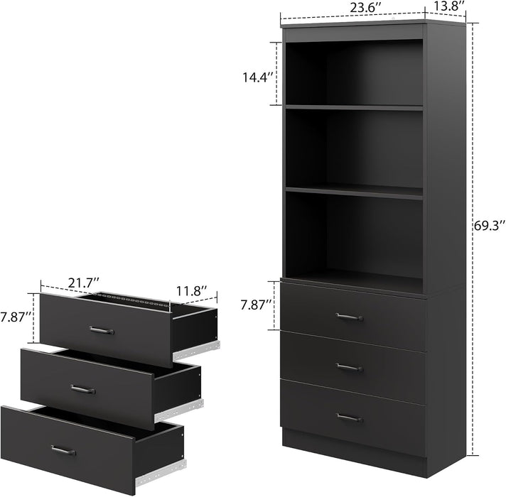 70" H Black Bookshelf with Drawers, Tall Bookcase with 3-Tier Open Shelves, Bookshelf and Bookcase with Storage Cabinet for Home Office,Living Room(Black,6-Tier)