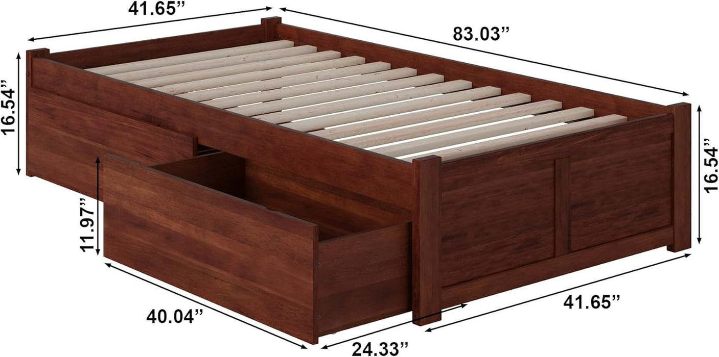 Concord Twin XL Size Platform Bed with Footboard & Storage Drawers in Walnut