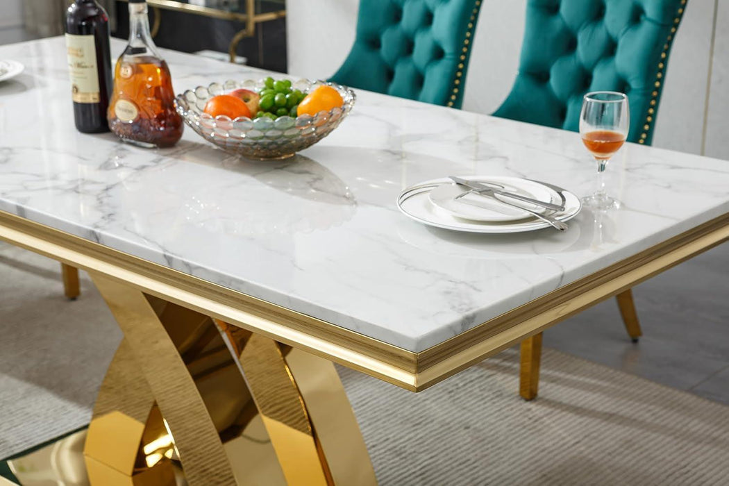 Faux Marble Dining Table, Modern Faux Marble Dining Room Table 70" with X Shape Stainless Steel Pedestal for Kitchen & Dining Room