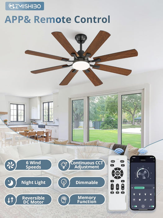 52 Inch Ceiling Fan with Light and Remote, 8 Blades Ceiling Fans with 20W LED Light, Quiet DC Motor, 6 Speeds, Stepless Color Temperature Change & Dimmable, for Bedroom Living Room, Black
