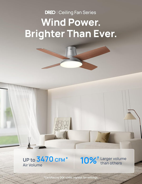 DREO Ceiling Fan, 44 Inch Low Profile Ceiling Fan with Light and Remote, 5CCT LED, 6-Level Dimmable, 6-Speed, Reversible Motor, 22 Db, Timer, Easy-Install, Black Flush Mount for Bedroom