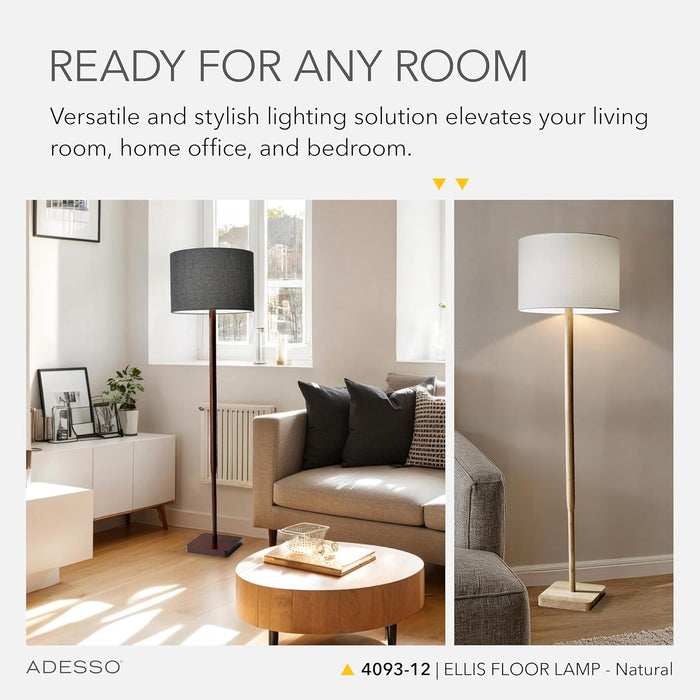 Floor Lamp with Natural Rubberwood Base and White Linen Lampshade – 3-Way Adjustable Brightness, Lamp for Bedroom, Living Room, and House Décor, 58.5” X 16”
