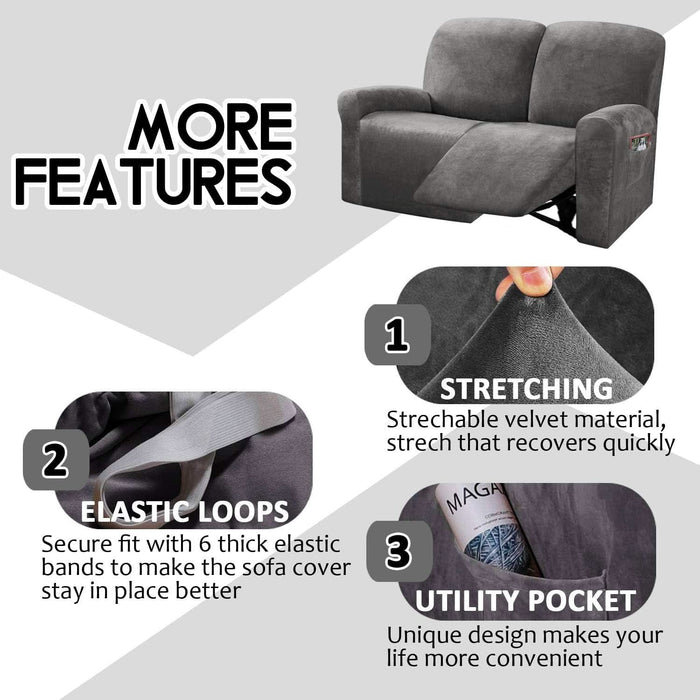 Reclining Love Seat Slipcover, 48" - 65" L, 6-Piece Velvet Stretch Loveseat Reclining Sofa Covers, 2 Seat Love Seat Recliner Cover, Thick, Soft, Washable (Dark Grey)