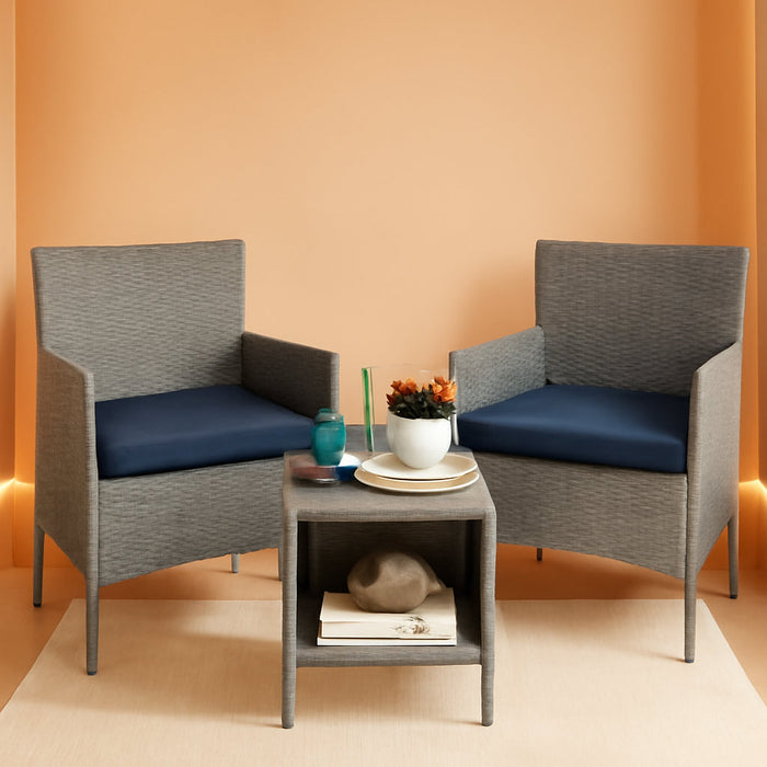 3-Piece Outdoor Wicker Conversation Bistro Set, Space Saving Patio Furniture for Garden W/Side Table - Gray/Navy