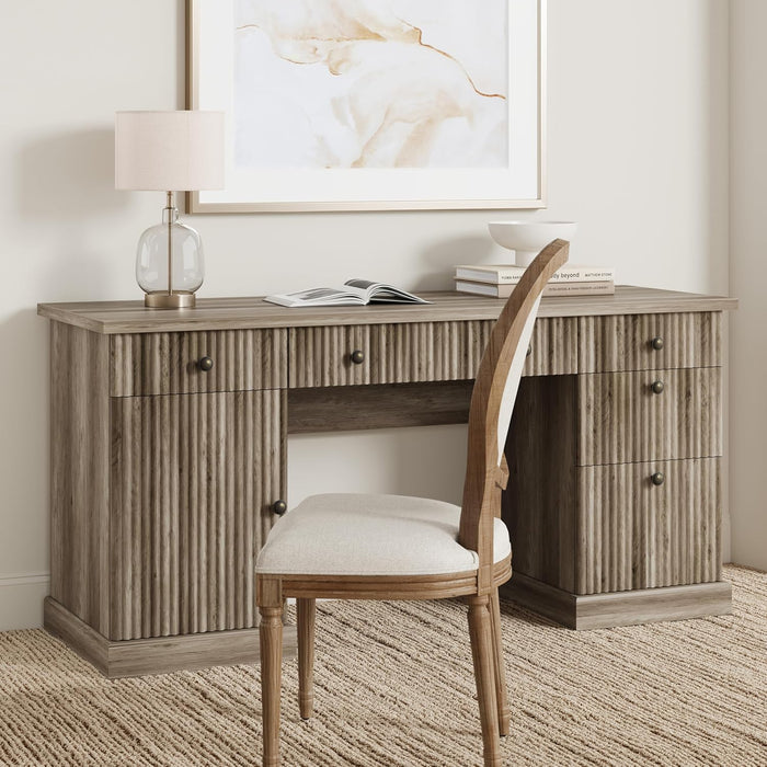 Fluted Home Office Desk Storage, 60" Modern Executive Desk with Charging Station, Wooden Computer Writing Desk with File Cabinet & Drawers for Study, Living Room, Bedroom