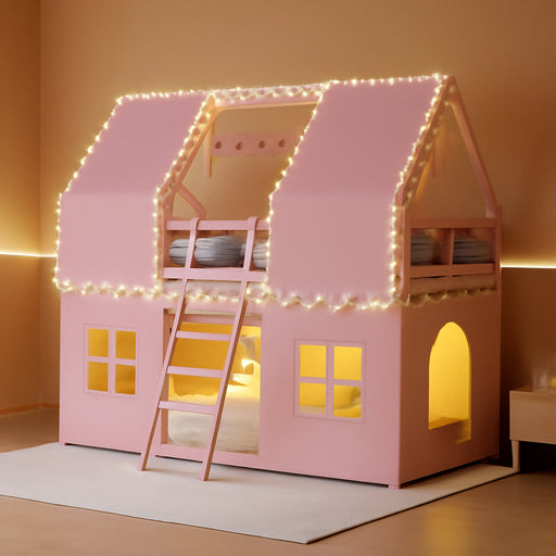 Pink Twin Over Twin Bunk Bed With LED Lights And Play Curtain