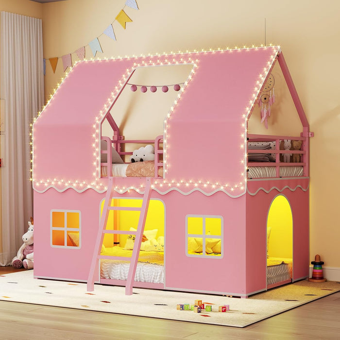 Pink Twin Over Twin Bunk Bed With LED Lights And Play Curtain