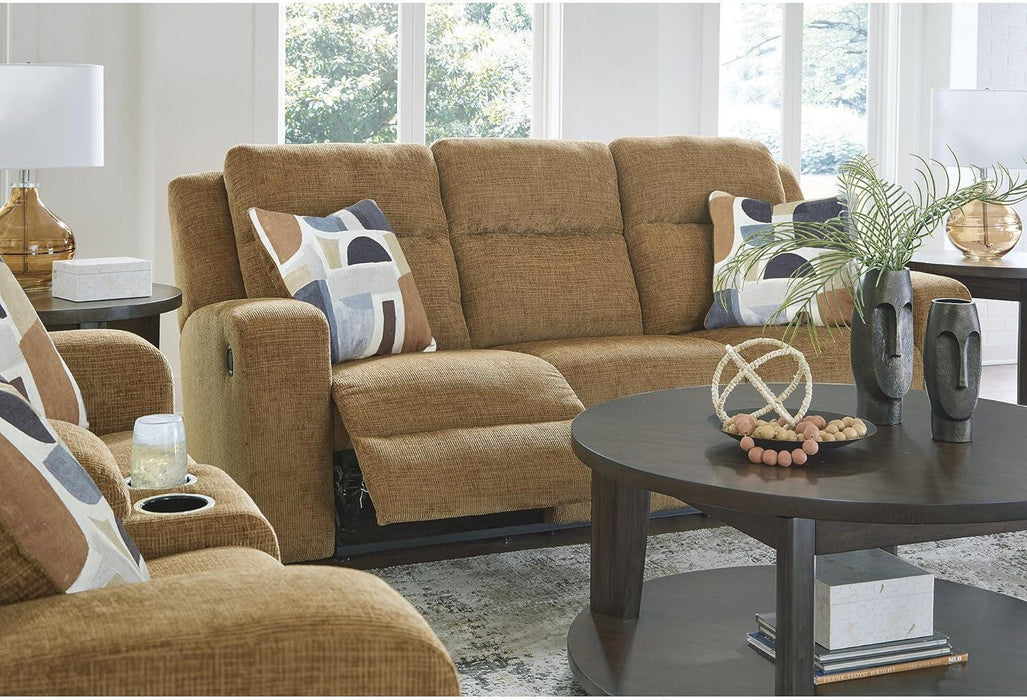 Kanlow Contemporary Manual Reclining Sofa with 2 Accent Pillows, Light Brown