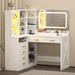 L-Shaped Corner Vanity Desk with LED Lighted Mirror & Charging Station, White Makeup Vanity with 6 Drawers & Sliding RGB Cabinet, Large Farmhouse Dressing Table with Open Storage Shelves for Women