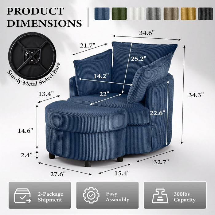 Swivel Accent Chair,Comfy Reading Chairs for Bedroom,Modern Corduroy Arm Chair with Ottoman,360°Swivel Barrel Chairs for Living Room,Apartment (Blue, 1)
