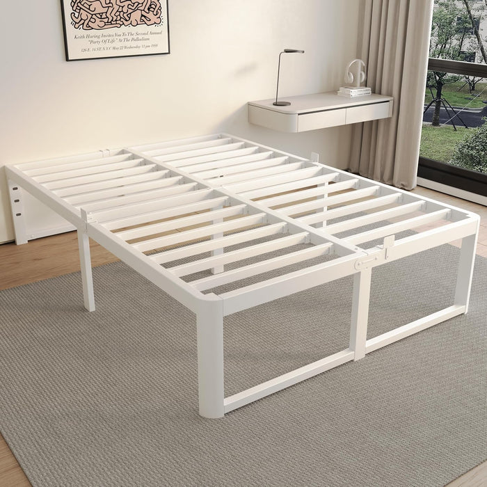 Queen Bed Frame, 16 in Reinforced Heavy Duty Metal Platform Bed, White
