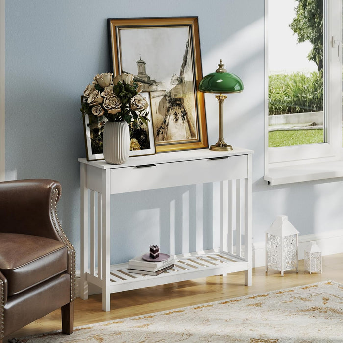 White Narrow Console Table with Drawer Storage Shelf, Modern Wooden Entryway Sofa Table, 39 Inch Slim behind Couch Table, Side Display Console Table for Living Room,Office,White