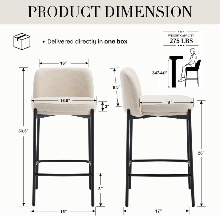 26 Inch Counter Height Bar Stools Set of 2, Modern Barstools, Beige