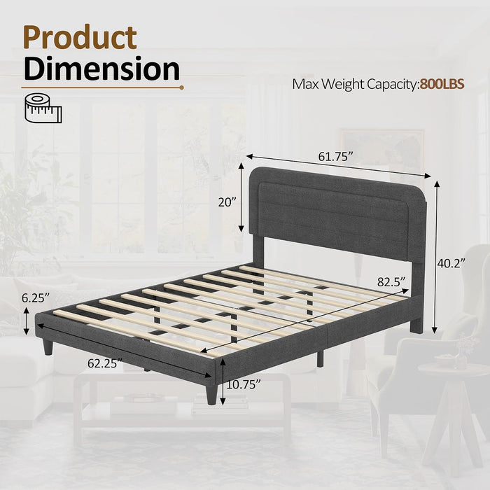 Queen Size Bed Frame with Chenille Striped Headboard, Dark Gray