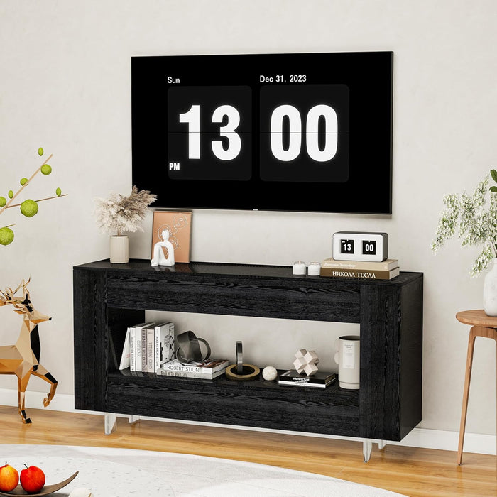 TV Stand for 65 Inch with 2 Large Drawers & Hidden Storage Cabinets, Modern Farmhouse Entertainment Center Television Stands for Living Room Bedroom, Black