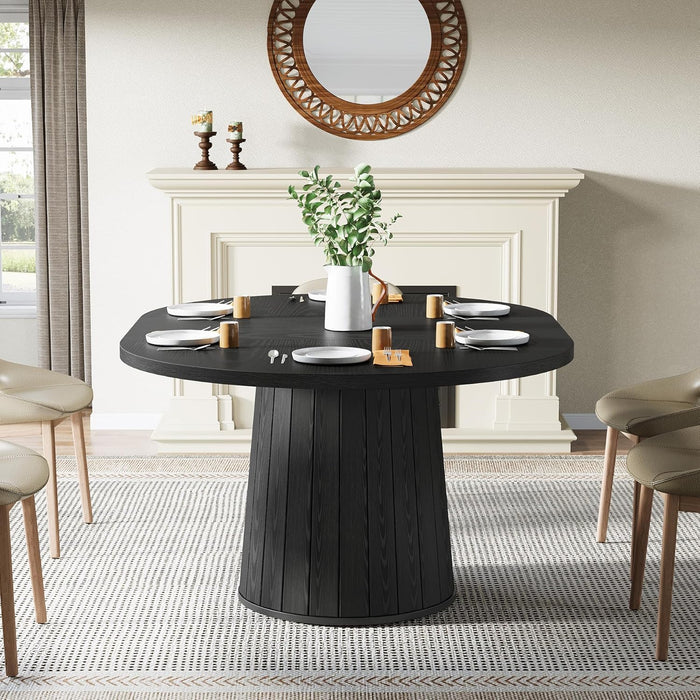 Oval Dining Table for 6 People, 55.11-Inch Farmhouse Kitchen Dinner Table with Cylindrical Pedestal (All Black)