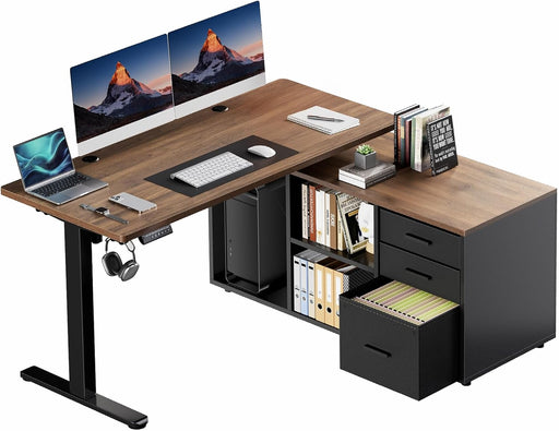 L Shaped Standing Desk, Electric Executive Desk with Drawers, Adjustable Height Stand up Desk, 55″ X 23.6″ One-Whole Piece Desktop, Home Office Computer Desk with 4 Memory Presets, Walnut