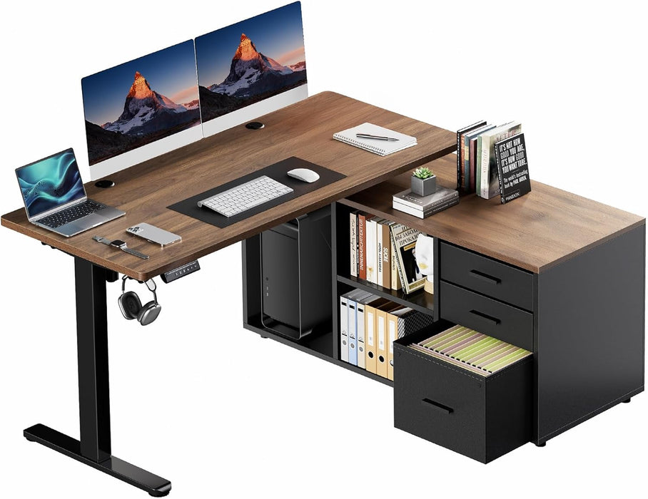 L Shaped Standing Desk, Electric Executive Desk with Drawers, Adjustable Height Stand up Desk, 55″ X 23.6″ One-Whole Piece Desktop, Home Office Computer Desk with 4 Memory Presets, Walnut