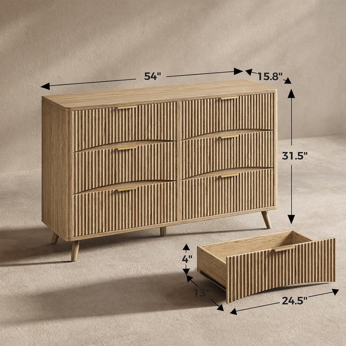 54" Curved Fluted 6-Drawer Dresser, Mid-Century Modern Natural