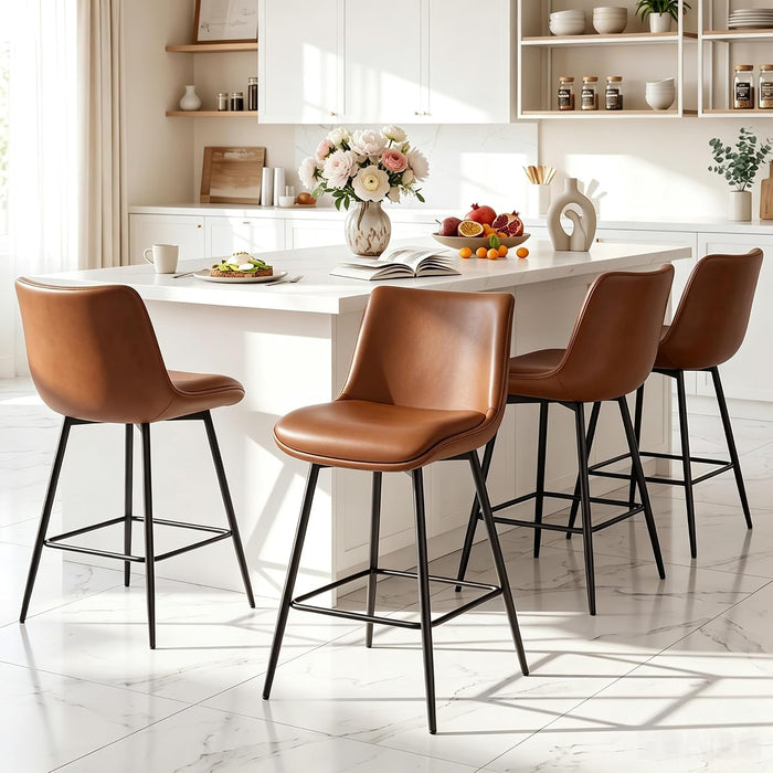 Counter Height Bar Stools Set of 4, FSC Certified Upholstered Faux Leather Barstools with Back, Metal Base, 27" Seat Height, Modern Upholstered Counter Stools for Kitchen Island,(Walnut Brown