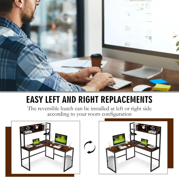 Reversible L-Shaped Desk with Hutch, Space Saving Corner Computer Desk with Storage Shelves, Home Office Study Writing Desk Computer Workstation with Storage Bookshelf, Gaming Desk