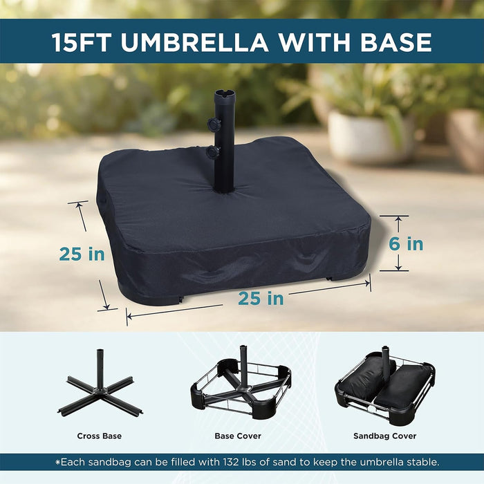 15FT Extra Large Patio Umbrella with Base Included, Heavy Duty Rectangle Outdoor Double-Sided Market Umbrella with 12 Strong Ribs for Patio, Garden, Lawn, Deck & Pool