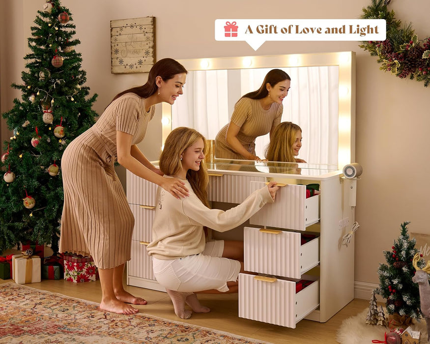 47.2" Fluted Vanity Desk with Large Mirror and Adjustable LED Lights, 7 Drawers Makeup Table with Glass Top and Charging Station for Women and Girls, Bedroom or Dorm, White